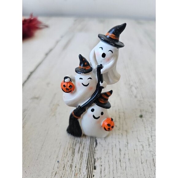 Ghost Witch figurine village Halloween decor broom pumpkins totem unique mini - Picture 1 of 8